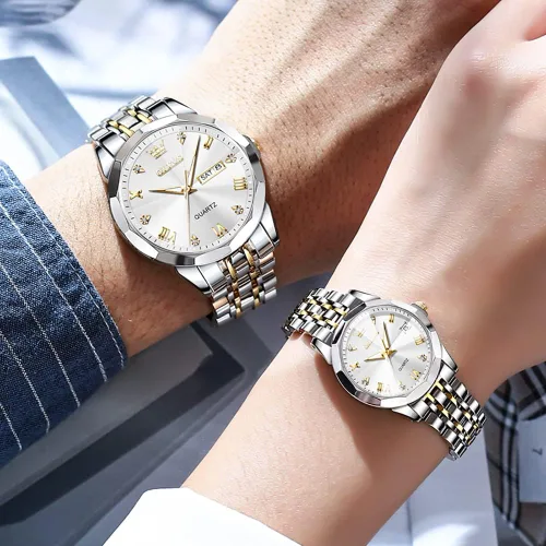 Miniatura 4 de OLEVS Juego de 2 relojes de cuarzo para parejas de San Valentín, calendario luminoso, ventana de fecha, 3 ATM, impermeable, casual, acero