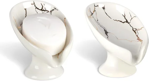 Miniatura 15 de Jabonera, Soporte de Jabón de Cerámica Autodrenante en Forma de Hoja para Jabón en Barra, Jabonera con Drenaje de Aspecto de Mármol Negro para Baño