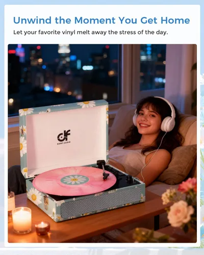Miniatura 8 de Tocadiscos de vinilo Bluetooth con altavoces integrados, tocadiscos portátil vintage de 3 velocidades con auriculares de grabación USB/conector