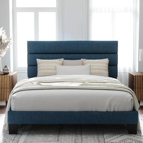 Allewie - Base de cama de plataforma matrimonial con cabecera tapizada de tela y soporte de listones de madera, base de colchón totalmente tapizada,