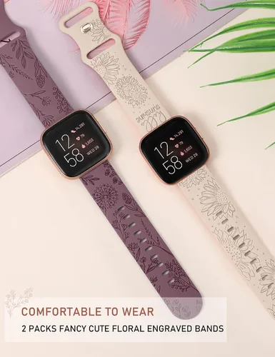 Miniatura 4 de Minyee Paquete de 2 correas con grabado floral compatibles con Fitbit Versa 2/Fitbit Versa/Versa Lite para mujeres, linda correa deportiva de Humo