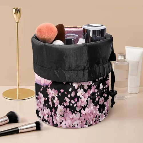 Miniatura 5 de Poceacles Bolsa de maquillaje con cordón, estuche portátil para cosméticos, bolsa de aseo de viaje, organizador de barril, bolsa de almacenamiento