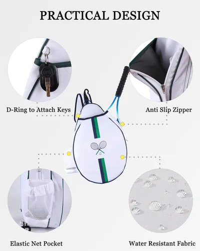 Miniatura 5 de Rejolly Bolsa Bandolera de Raqueta de Tenis para Mujeres y Hombres Acolchada Resistente al Agua Funda de Raqueta de Un Hombro Cruzada para 2
