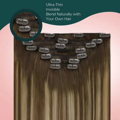 Miniatura 4 de Easyouth Extensiones de cabello humano con clip, color marrón medio que se desvanece a rubio caramelo, extensiones de cabello humano real con clip