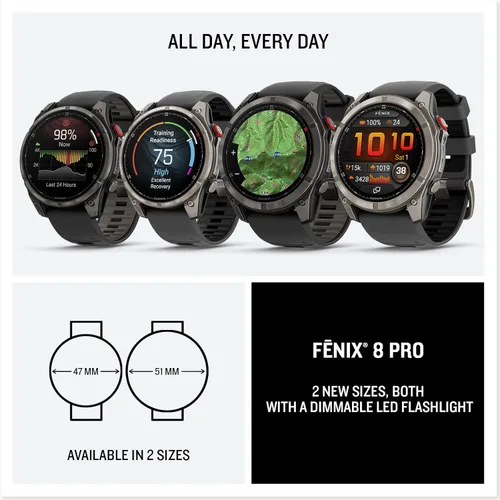 Miniatura 7 de Garmin fēnix® 8 Pro, 47mm, pantalla AMOLED, Smartwatch GPS multideporte premium conectado, tecnología inReach®, zafiro, titanio DLC gris carbón
