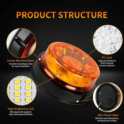 Miniatura 2 de 1 pieza de luces estroboscópicas para camiones con 25 cables internos, luz de baliza magnética naranja de 12v24v de 6 modos para coche, camión, UTV
