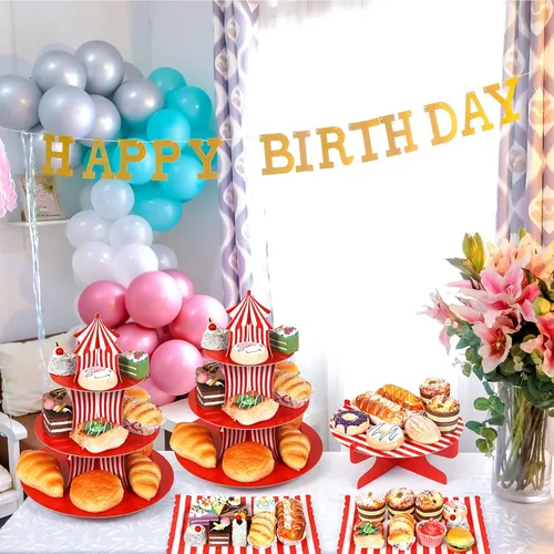 Miniatura 7 de Zopeal - Juego de 7 soportes para tartas de carnaval de 3 niveles, soporte para cupcakes de circo, carnaval, 1 nivel, bandeja rectangular