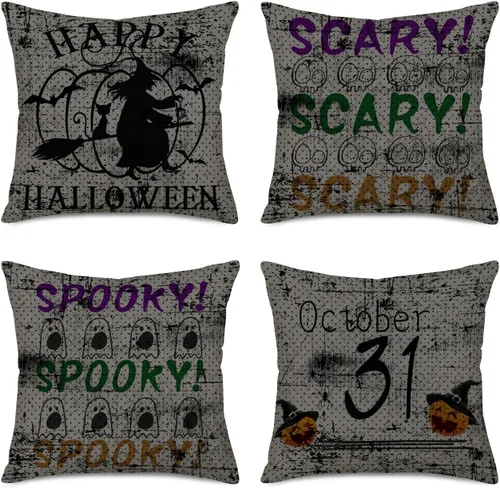 Miniatura 8 de Fukeen Juego de 4 fundas de almohada de 16 x 16 pulgadas con texto en inglés «Happy Halloween», «Truco o trato», fantasma, fantasma, horror