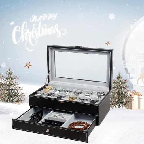 Miniatura 2 de GUKA Caja de reloj con 12 ranuras, organizador de exhibición de reloj, caja de joyería de cuero, cajón de cristal, cumpleaños para hombres