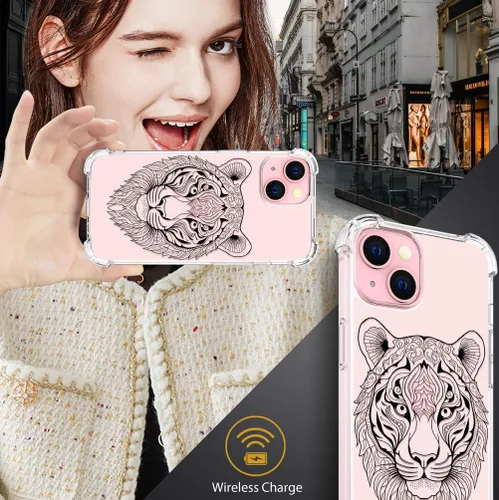 Miniatura 7 de Funda compatible con iPhone 15, bonita funda transparente para mujer, funda de silicona transparente para teléfono, color negro, tigre poderoso