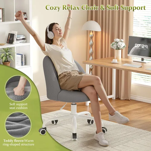 Miniatura 4 de DurayLoly Silla de tocador con respaldo, bonita silla de escritorio con ruedas, silla de oficina sin brazos ajustable en altura, soporte lumbar Gris