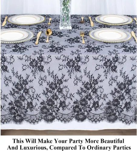 Miniatura 4 de Pardecor Mantel rectangular de encaje bordado negro de 60 x 120 pulgadas, elegante decoración de mesa de cumpleaños, mantel de encaje floral, mantel