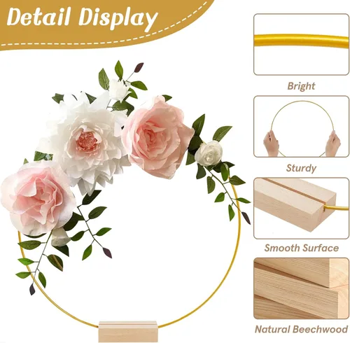 Miniatura 3 de 15 piezas de 12 pulgadas de metal con corona de aro floral para decoración de mesa con 15 soportes para tarjetas de lugar, anillos de aro dorados