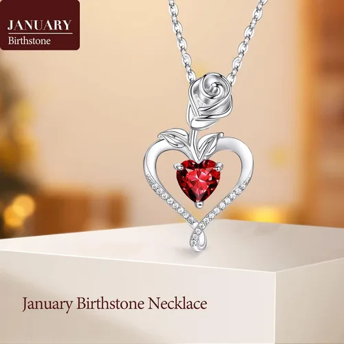 Miniatura 4 de Collares de piedra natal para mujer, a la moda, collar con colgante de corazón de flor de rosa de plata de ley 925, chapado en oro blanco de 14