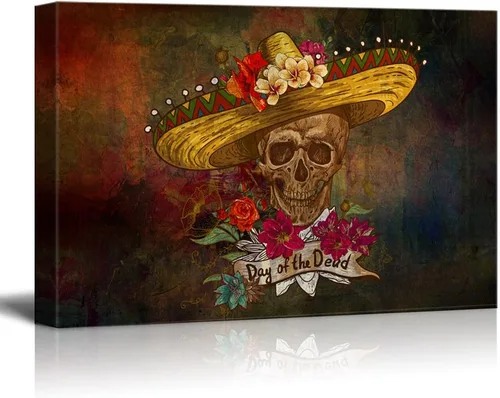 Miniatura 20 de wall26 - Lienzo decorativo para pared, calavera y flores sobre fondo abstracto, arte moderno para el hogar, listo para colgar, 32 x 48 pulgadas Obra