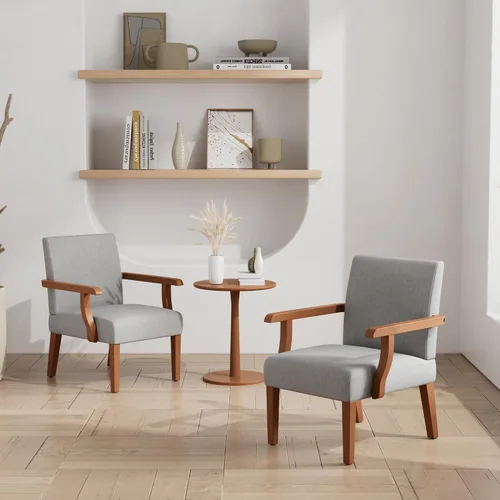 Miniatura 8 de Juego de 2 sillas decorativas, sillas tapizadas de lino con mesa redonda de madera, silla moderna para sala de estar, dormitorio y oficina (gris)