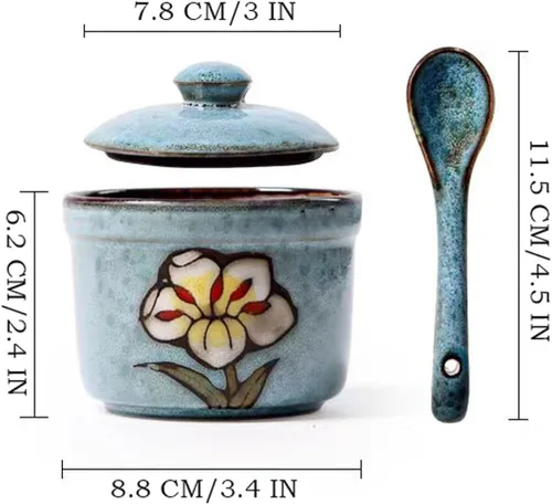 Miniatura 2 de Azucarero de cerámica hecho a mano con tapa y cuchara, tarro de condimento de porcelana de 9 onzas con diseño floral pintado a mano, recipiente