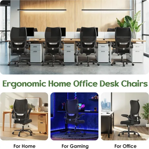 Miniatura 9 de Silla de oficina ergonómica - Silla de oficina cómoda de malla con respaldo alto con rueda de apoyo lumbar, sillas de oficina para el hogar, Negro