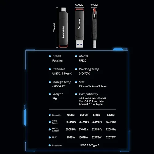 Miniatura 6 de fanxiang Unidad flash SSD externa de 256 GB, unidad de estado sólido portátil USB-C y USB-A de hasta 560 MB/s, unidad flash USB de aleación de zinc