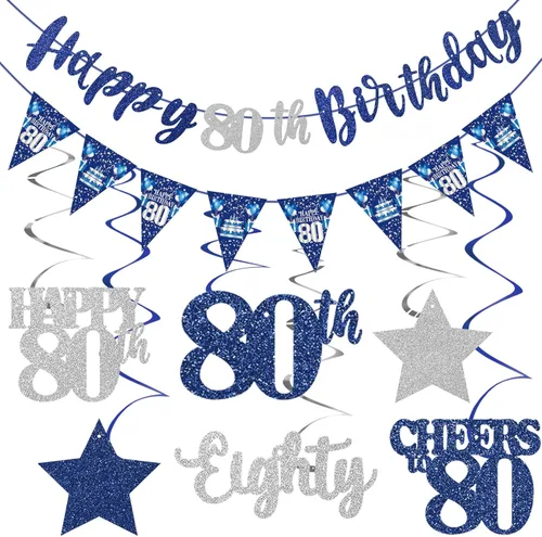 Miniatura 14 de Decoración de cumpleaños número 18 azul y plateado para niños y niñas, pancarta de feliz cumpleaños 18 con estrellas de dieciocho años de edad