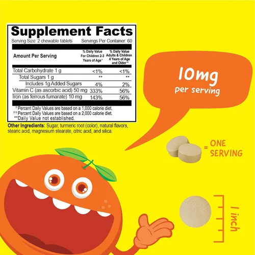 Miniatura 2 de VitaWorks Suplementos de hierro para niños, tabletas masticables con vitamina C, 10 mg de fumarato ferroso, sabor a naranja, sin OMG, vegano, sin