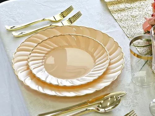 Miniatura 3 de Ocassions - Vajilla de 50-150-200 piezas para 25 invitados, color dorado, E1. Blossom Blush/Rosa & Oro