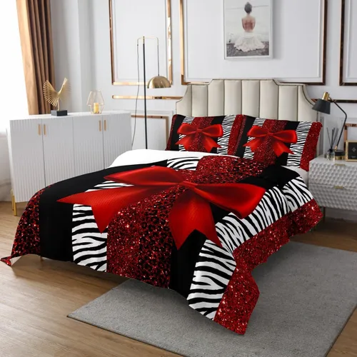 Miniatura 3 de Juego de colcha con lazo para niños, tamaño individual, diseño de cebra y leopardo con purpurina, decoración de habitación para niñas y mujeres