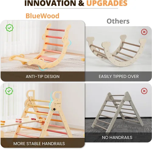 Miniatura 5 de Conjunto de triángulo Pikler BlueWood, juguetes de escalada de madera para niños pequeños, juguete de escalada plegable de 7 en 1 para niños