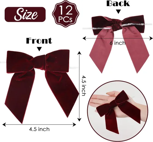 Miniatura 2 de AIMUDI Lazos de Terciopelo Burdeos de 4.5" Lazos de Navidad para Árbol Lazos Prefabricados para Coronas Lazos con Alambre Retorcido para Envolver