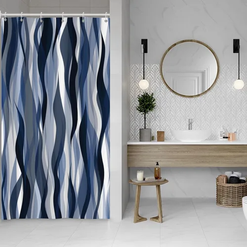 Miniatura 7 de Cortina de ducha moderna de rayas abstractas negras, blancas y grises, cortina de ducha para decoración de baño geométrica, impermeable, decorativa