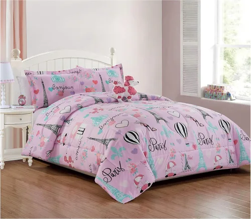 LinenTopia Juego de ropa de cama Queen de 8 piezas para niñas, cama en una bolsa, juego de edredón para niños con sábanas de cama, funda de
