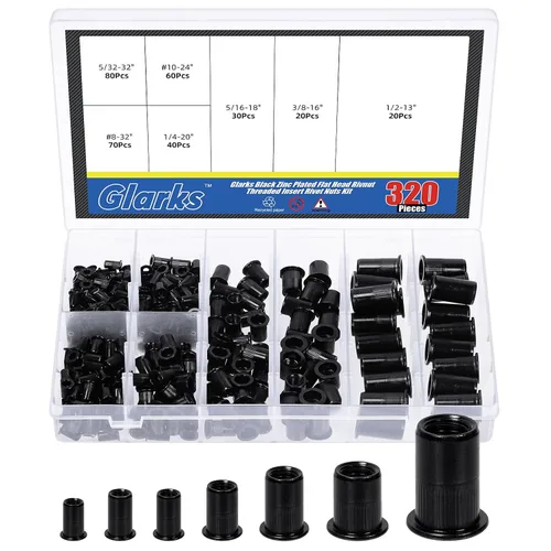 Miniatura 8 de Glarks Juego de 30 tuercas de remache de 1/2 "-13UNC de acero al carbono chapado en zinc negro cabeza plana remache roscado inserto remache tuercas