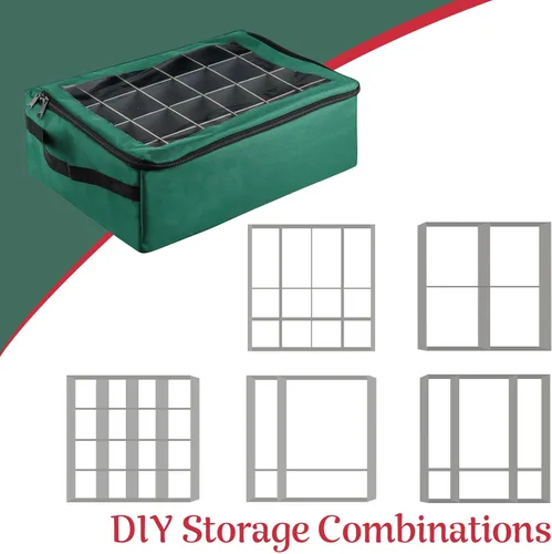 Miniatura 4 de Caja de almacenamiento para adornos - Organizador con cremallera con 48 compartimentos individuales y divisores para bombillas y decoraciones Verde