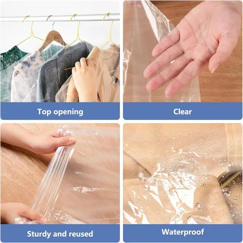 Miniatura 3 de Paquete de 50 bolsas de plástico extralargas de 72 pulgadas para ropa, a prueba de polvo, fundas de plástico transparente para colgar ropa, bolsas