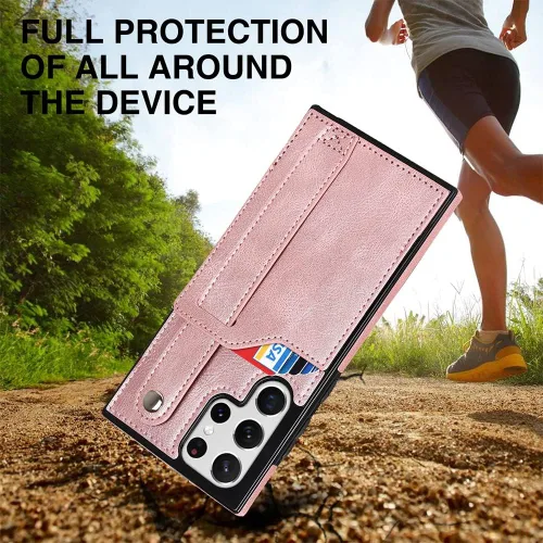 Miniatura 5 de Funda para teléfono Samsung Galaxy S22 Ultra 5G con protector de pantalla, correa de muñeca ajustable, atril, ranura para tarjeta de crédito, Oro