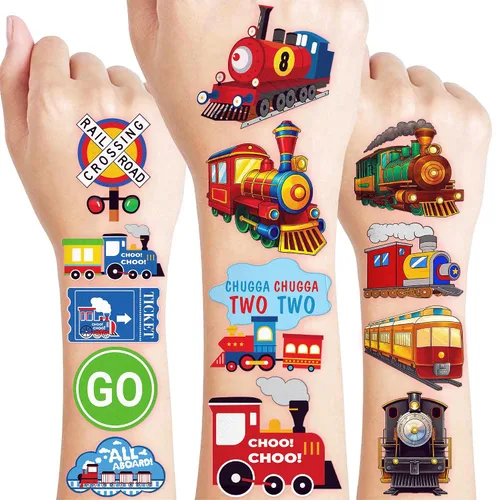 Tatuajes temporales de tren para niños, 8 hojas, 96 unidades, lindas calcomanías de cruce de ferrocarril, recuerdos de fiesta de cumpleaños,