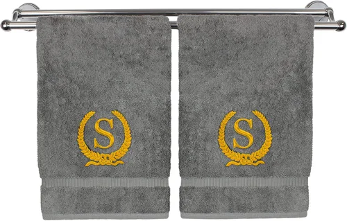 Miniatura 60 de Toalla de mano con monograma, regalo personalizado, 16 x 30 pulgadas, diseño de corona dorada bordada con letra blanca en toalla negra, extra