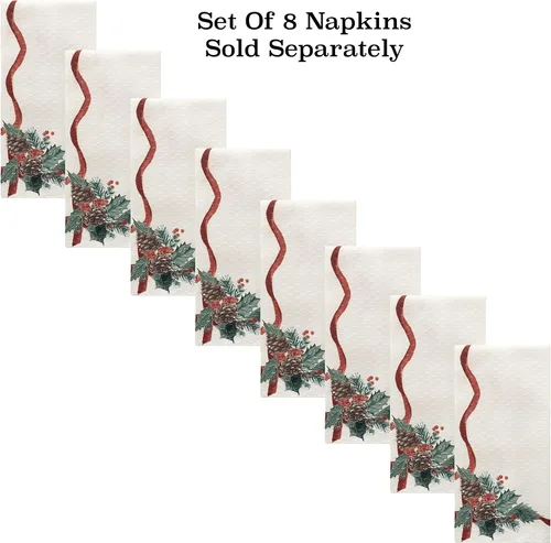 Miniatura 4 de Lintex Evergreen Garland - Manteles individuales de tela navideña con borde de doble cinta, juego de 4, diseño de acebo y piña, fácil cuidado