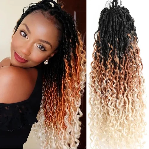 Cabello de ganchillo Goddess Locs rubio degradado de 18 pulgadas, 7 paquetes de Faux Locs de tres tonos con extremos rizados, cabello de ganchillo