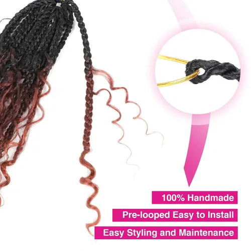 Miniatura 2 de Wodun Extensiones de cabello de ganchillo Goddess de 14 pulgadas, trenzas de caja con extremos rizados 3X estilo bohemio, extensiones de cabello