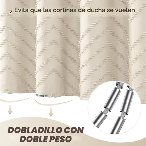 Miniatura 4 de Cortina de ducha bohemia beige de 72 x 72 pulgadas, moderna cortina de ducha estilo granja, bohemio, elegante, con textura de cheurón, cortinas