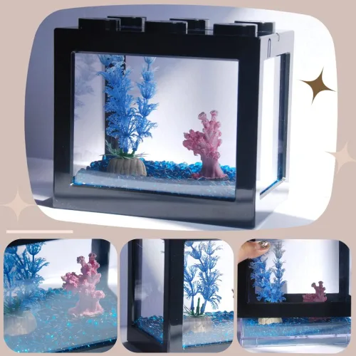 Miniatura 6 de Pequeño tanque de peces Betta, mini tanque apilable de pecera, kit de tanque de acuario rectangular de 3/5 galones con decoración de grava