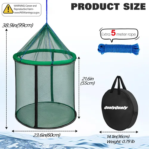 Miniatura 7 de QualyQualy Floating Fish Basket 41/73 Gallons Extra Large for Live Caught, Fully Foldable Fishing Net Holder for Bait Live Well Collapsible Mesh