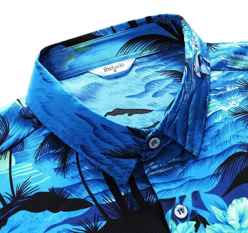 Miniatura 5 de SheLucki - Camisa hawaiana para hombre, unisex, estilo informal, manga corta, con botones y estampado de sombra de palmeras, para el verano