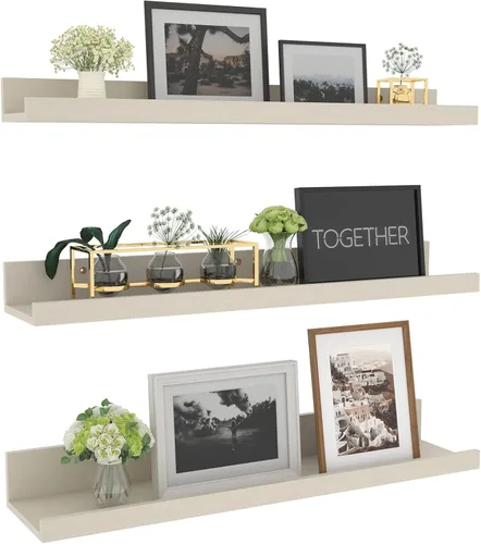 Miniatura 19 de Giftgarden Estantes flotantes de 16 pulgadas montados en la pared, estante de madera de grano de madera beige blanco cremoso para baño, dormitorio