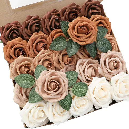 Floroom Flores artificiales, 25 unidades, tonos de tierra de aspecto real, colores degradados, rosas falsas de espuma con tallos para ramos de boda,