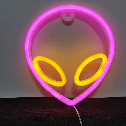 Miniatura 14 de Letrero de neón con cabeza de alienígena, 1 unidad, luz de neón de alienígena verde y morado, USB o 3 pilas AA, divertido letrero de neón iluminado