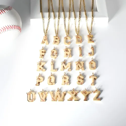 Miniatura 2 de AIAINAGI Collar de béisbol con letra A-Z para niños, dije de béisbol de acero inoxidable, cadena de plata de 22 pulgadas, regalo de béisbol
