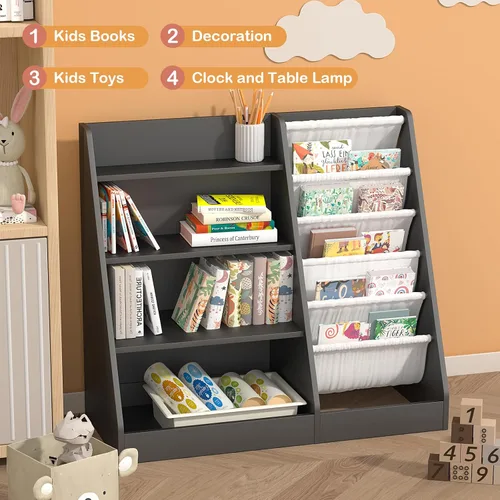 Miniatura 6 de Estantería de 4 niveles para niños de madera, estantería de cinco capas para libros de niños, estante de almacenamiento para bebés y niños pequeños