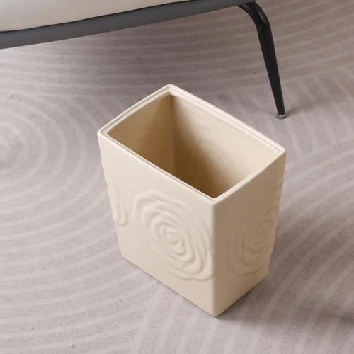 Miniatura 5 de Basurero de cerámica beige con rosa – Cubo de basura pequeño de 2.5 galones para baño y cocina, cesta de basura decorativa para dormitorio, oficina